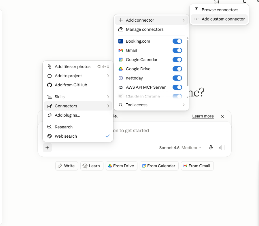 Claude-indstillinger: Add custom connector