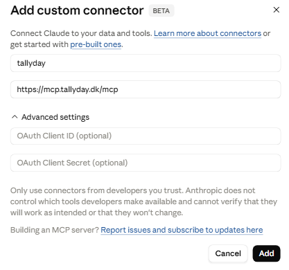 Navngiv connectoren og indsæt URL